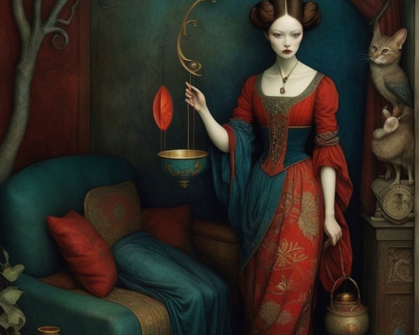Decorative Room with Woman, Cat, and Golden Scale
