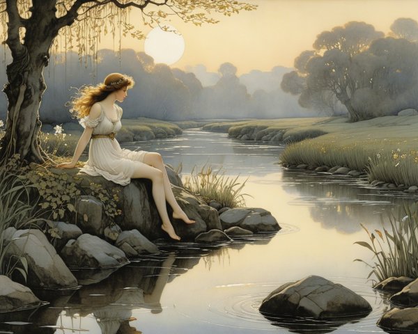 Young Woman in White Dress by Tranquil River at Sunset