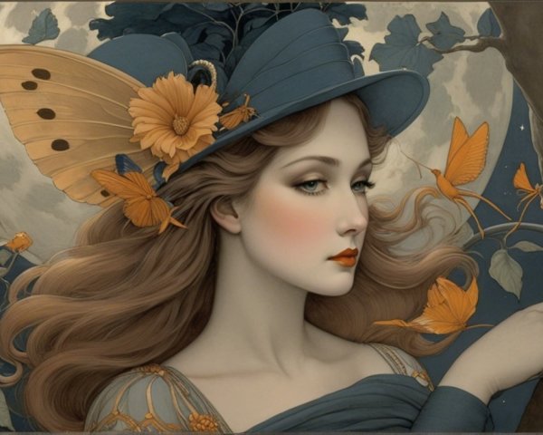 Serene Woman with Butterfly Hat and Moonlit Background