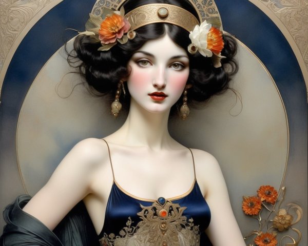 Digital Artwork of Woman in Blue Dress with Flowers