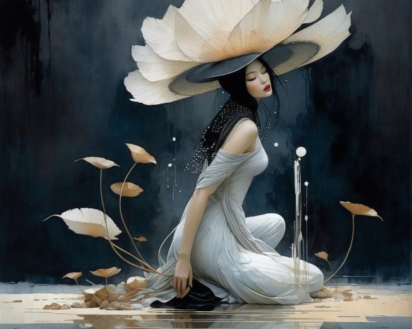 Serene Woman in White Gown Surrounded by Nature