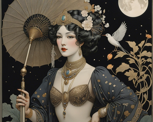 Portrait of a woman in traditional attire with moonlight