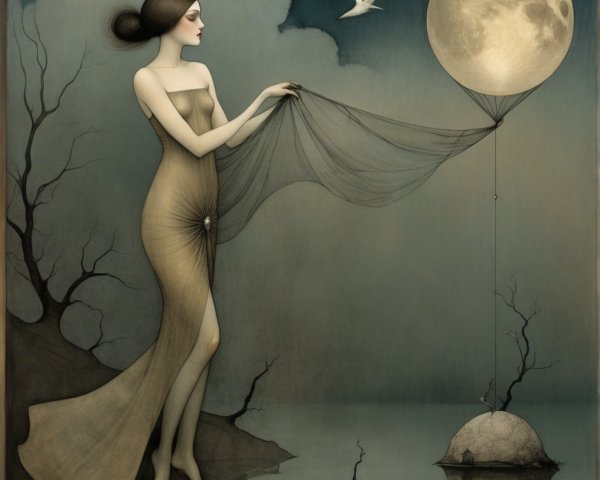 Serene figure in gown by moonlit rocky shoreline
