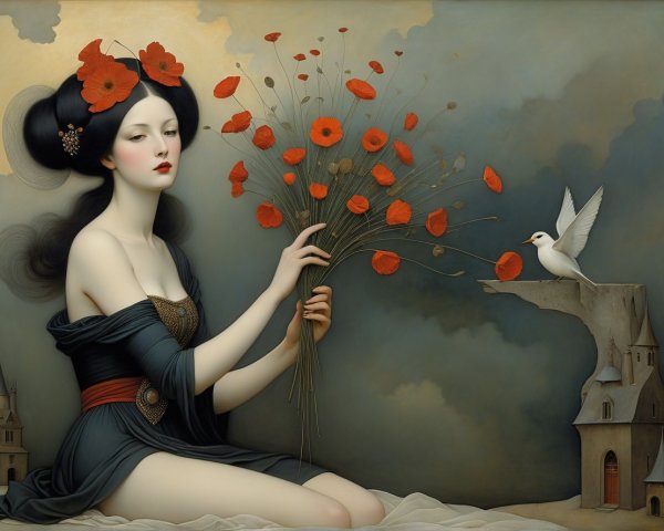 Fantasy Art of Woman with Poppies and Dove