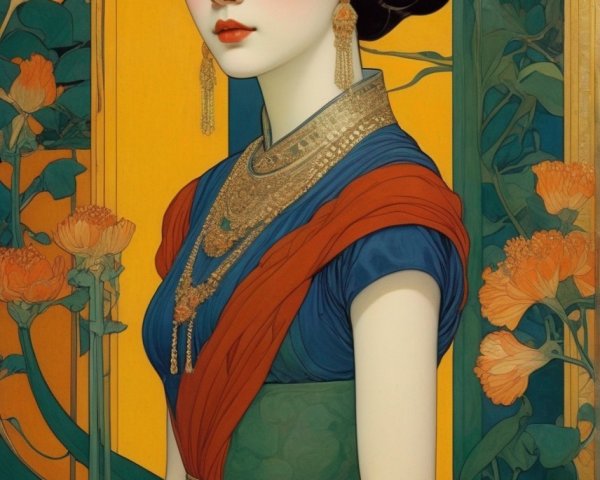 Elegant figure in colorful attire with floral backdrop