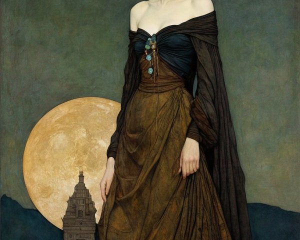 Pale-Skinned Woman in Gold and Teal Dress with Moon