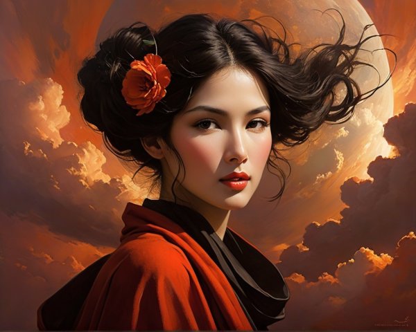 Young woman in red garment with flowing black hair
