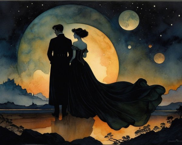 Romantic Silhouette of Couple Against Moonlit Sky