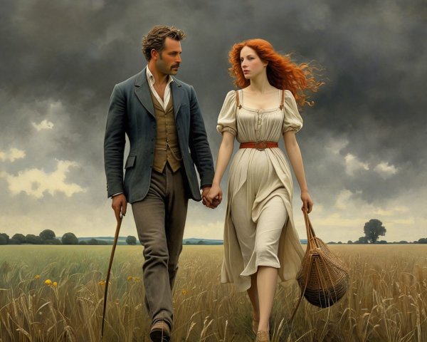 Romantic Couple Walking Through Golden Grain Field