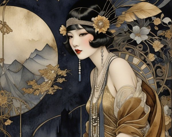 Stylized Woman in Elegant Gown Against Moonlit Landscape
