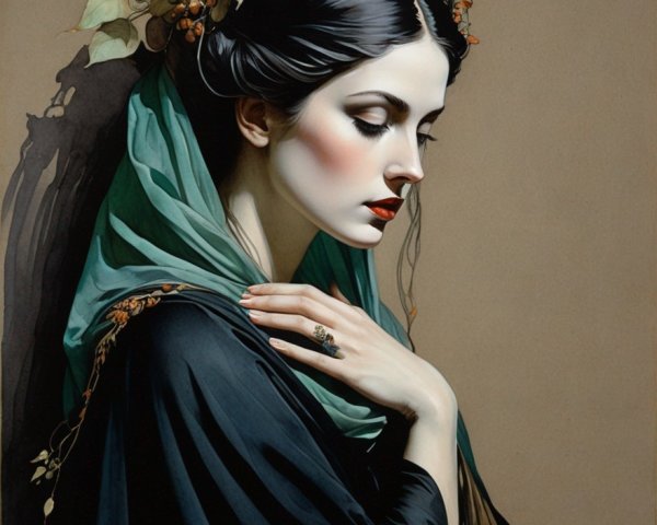 Portrait of woman with elegant makeup, green shawl, and leaf headpiece.