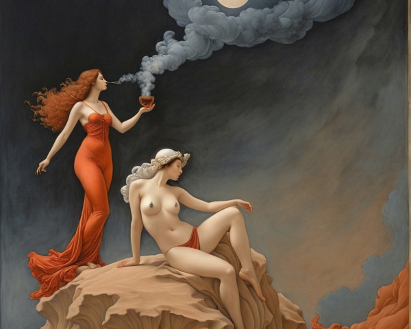Enigmatic Figures in Mystical Moonlit Scene