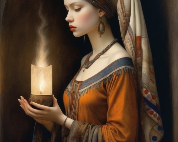 Historically dressed woman holding a glowing candle in dark setting