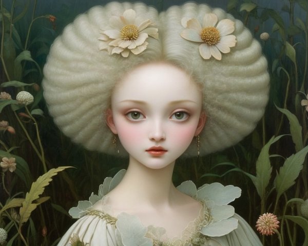 Female Figure with Floral Hairstyle in Botanical Setting