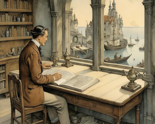 Man Reading at Wooden Desk in Elegant Room