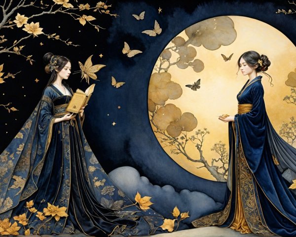 Elegant Figures in Ornate Garments Against Starry Background