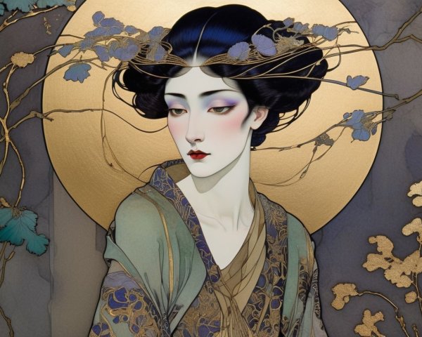 Illustrated Portrait of Woman in Traditional Kimono