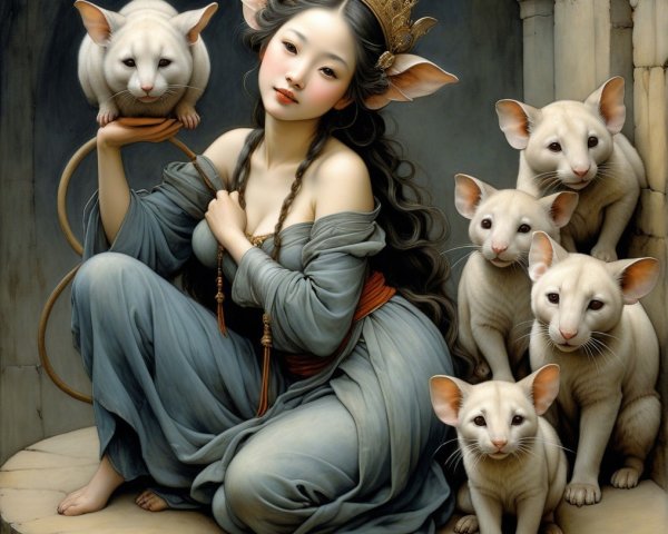 Serene figure with crown surrounded by whimsical creatures