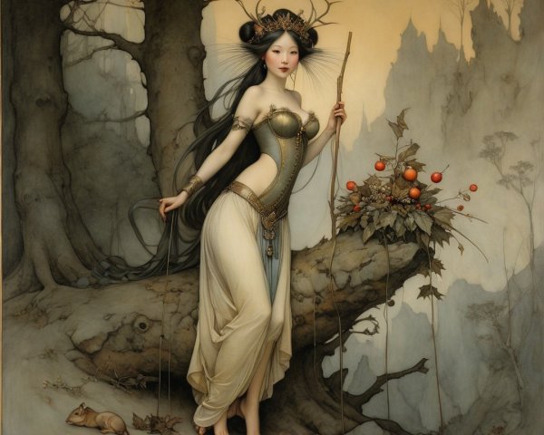 Mystical figure on tree branch with natural elements