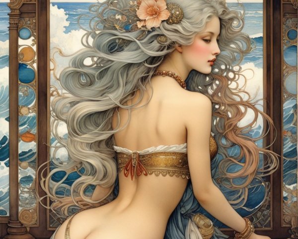 Fantasy Scene with Silver-Haired Woman and Architecture