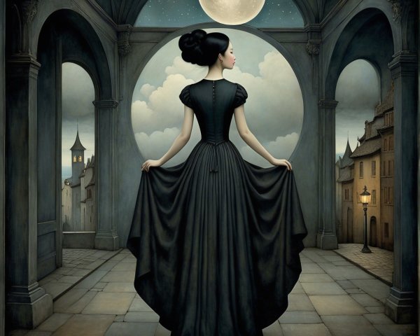 Elegant Woman in Black Gown Overlooking Moonlit Scene