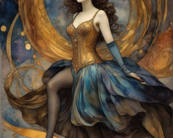 Steampunk-style woman in corset and hat against golden clockwork backdrop