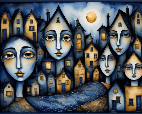 Surreal Landscape with Angular Houses and Ghostly Figures