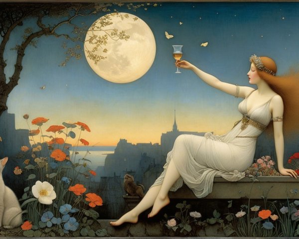 Moonlit Scene with Woman, Flowers, and Cat