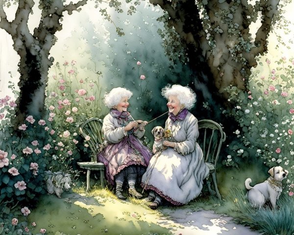 Elderly Women Knitting in a Rose Garden Setting
