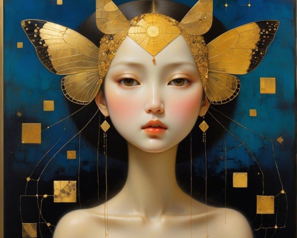 Serene Young Woman with Golden Butterfly Headdress