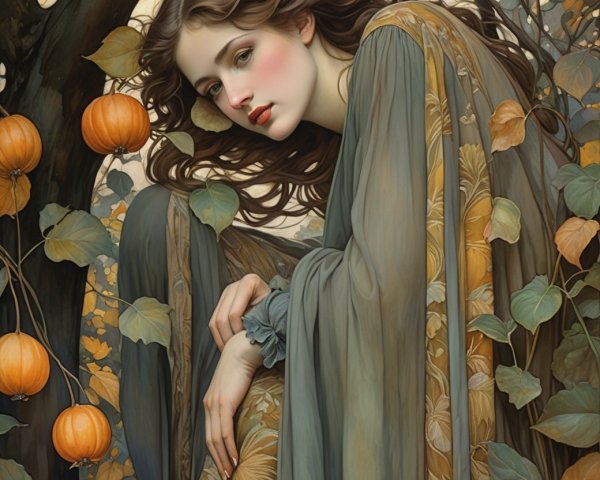 Serene Woman in Autumn Foliage and Pumpkins