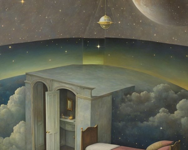 Surreal Bedroom Merging with Cosmic Landscape
