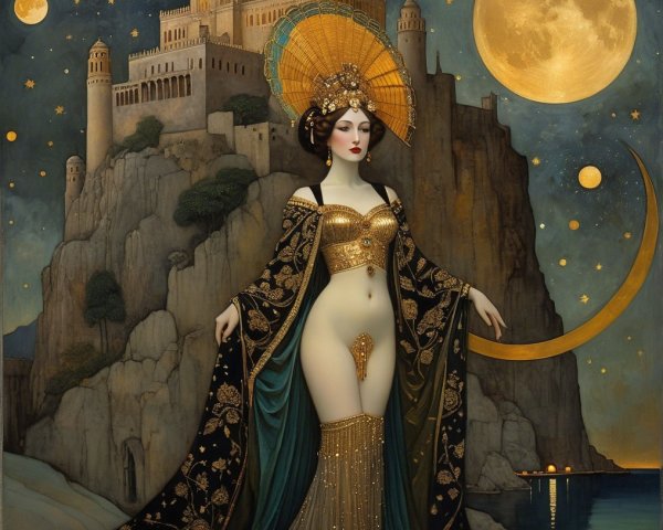 Mystical figure in black and gold gown under moonlight