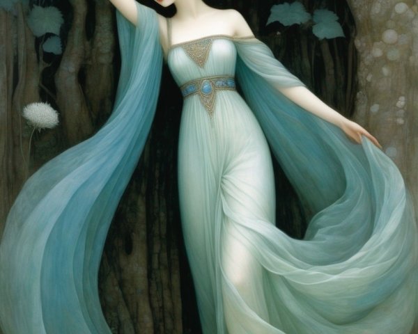 Ethereal figure in flowing blue garments with dandelion headdress in forest