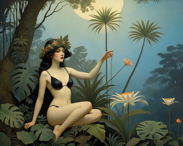 Woman in Floral Crown Surrounded by Tropical Foliage