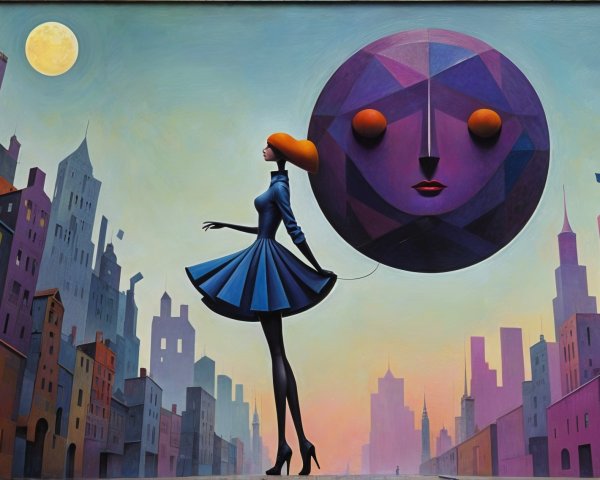 Surreal Cityscape with Woman and Abstract Moon