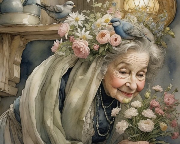 Elderly woman arranging flowers in a rustic setting
