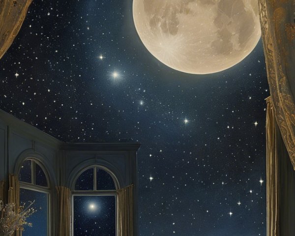 Serene Bedroom with Night Sky and Elegant Decor