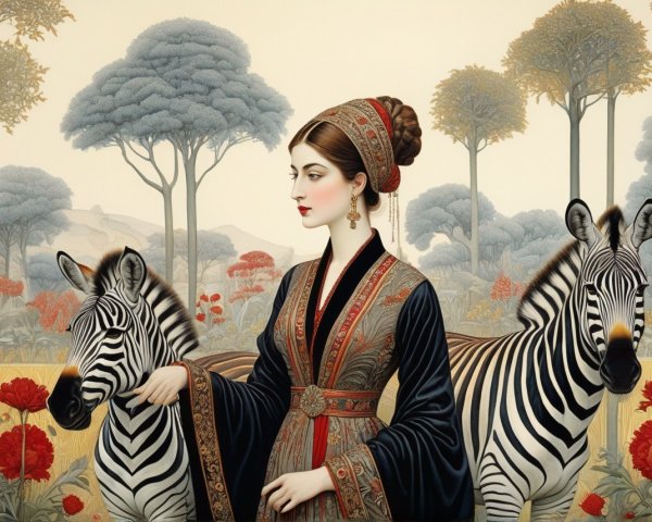 Woman in Traditional Attire with Zebras in Forest Scene