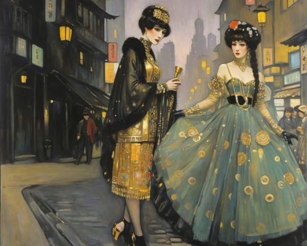 Elegant Women in Vibrant Street Scene with Lanterns