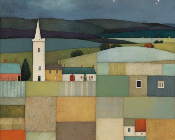 Whimsical Village Landscape with Twilight Sky and Hills