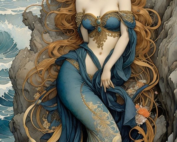 Mystical Muse on Rocky Shoreline with Ocean Backdrop