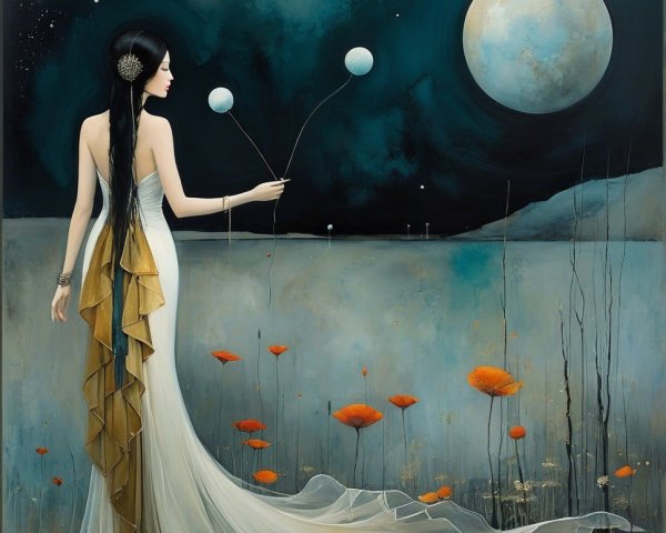 Mysterious Woman in Elegant Gown Under Luminous Moon