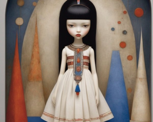Solemn doll-like figure surrounded by smaller figures and a white rabbit