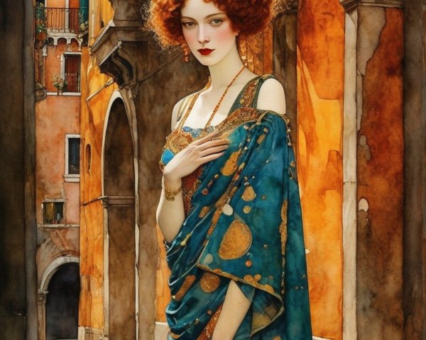 Stylized painting of woman with red hair in blue sari against Venice-like backdrop