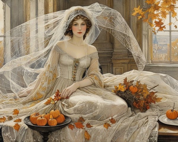 Elegant figure in wedding gown in sunlit room