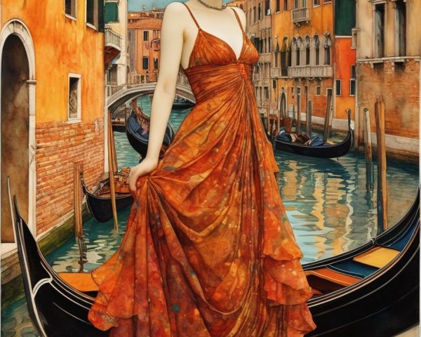Illustration of woman with red hair in gondola on Venetian canal