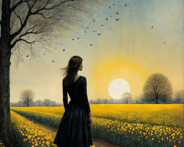 Woman in Black Dress in Yellow Flower Field at Sunset
