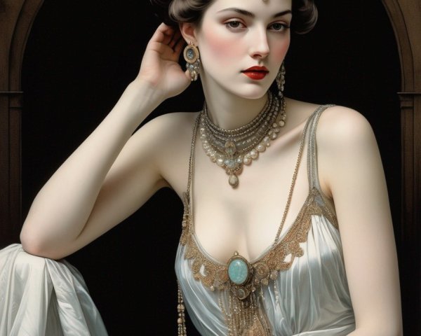 Vintage-styled woman in tiara and gown posing with hand on ear