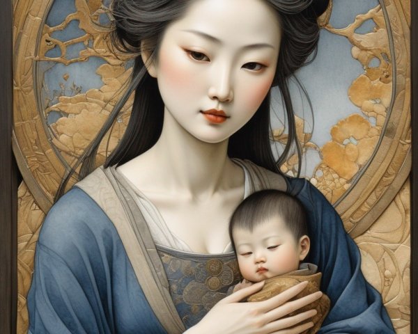 Asian Woman in Traditional Attire with Baby Artwork